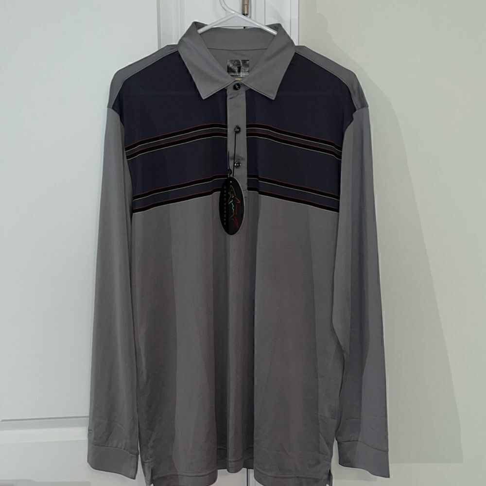 New Greg Norman Play Dry LS Shark Gray Black Stripe Polo Golf Shirt Men’s L NWT
